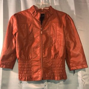 Three quarter sleeve brown leather jacket